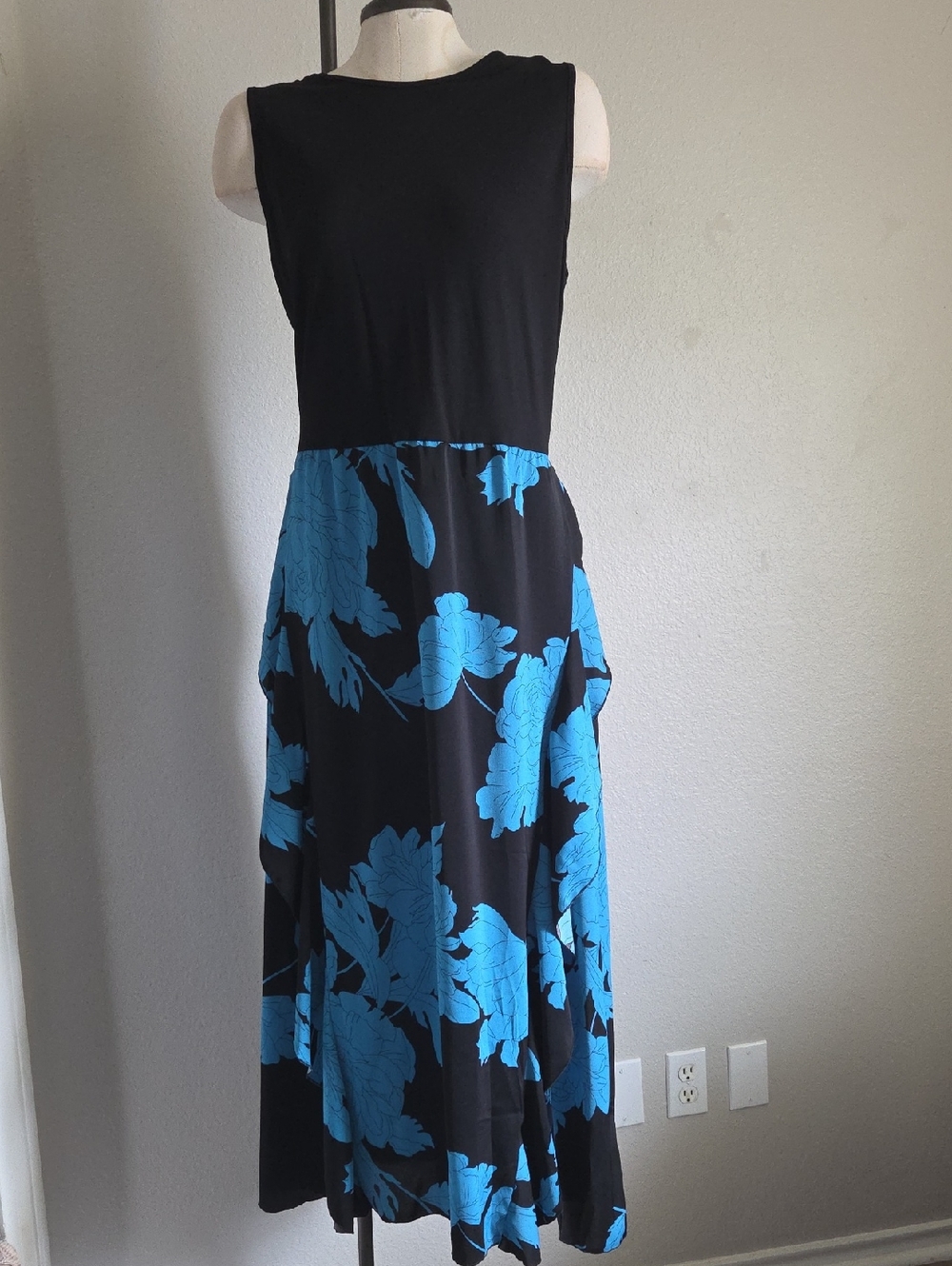 BTFBM Women Casual Sleeveless Crewneck Patchwork Boho Floral Ruffle Dress
